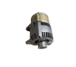 An automotive alternator with a silver aluminum cooling shell, a beige plastic top cover, and a metal pulley output, isolated on a white background.
