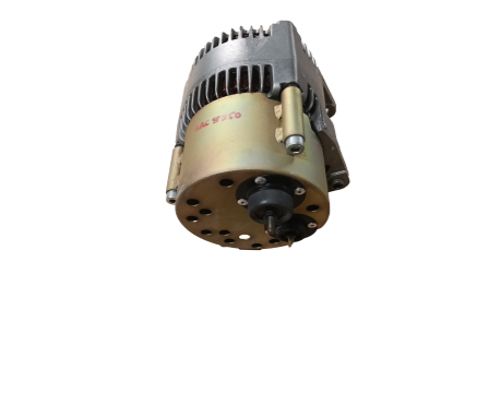 A used automotive alternator with a gold-colored metal body, black ribbed stator, and silver bolts, shown against a plain white background.